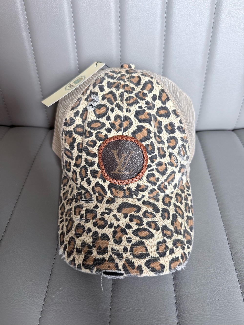 Upcycled Distressed Leopard Print Women's Baseball Cap Trucker Hat LV patch